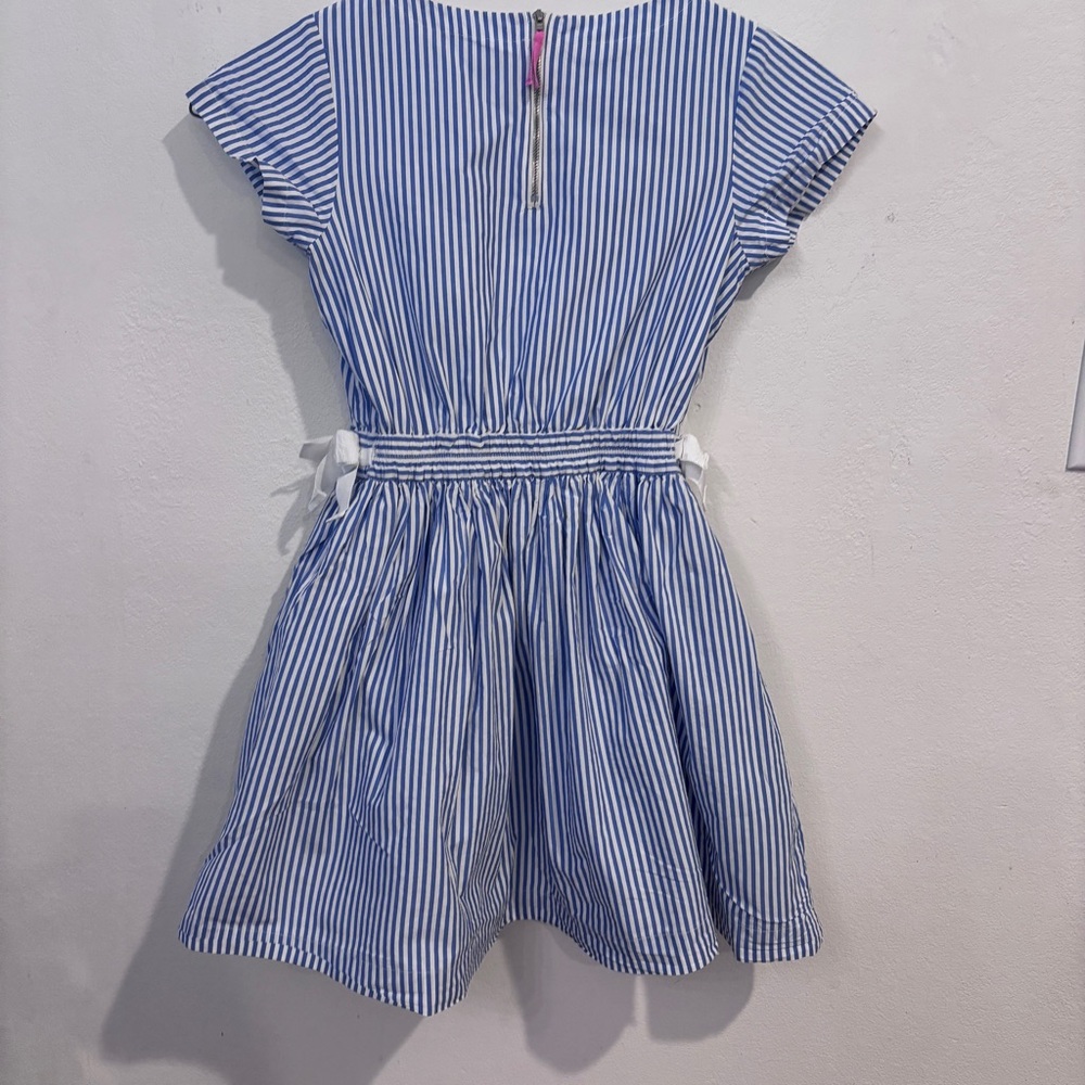 Crewcuts Girls Blue Striped Dress- Size 10- Bow Waist + Pink Zipper Accent - Picture 2 of 6